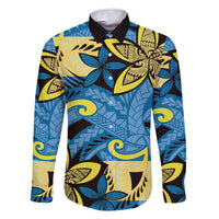 Plumeria Polynesian Pattern Family Matching Long Sleeve Bodycon Dress and Hawaiian Shirt Unique Fantasy Blue Yellow
