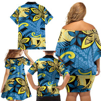 Plumeria Polynesian Pattern Family Matching Off Shoulder Short Dress and Hawaiian Shirt Unique Fantasy Blue Yellow