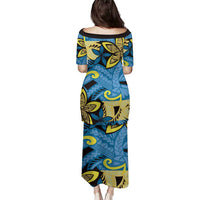 Plumeria Polynesian Pattern Family Matching Puletasi and Hawaiian Shirt Unique Fantasy Blue Yellow LT01 - Polynesian Pride
