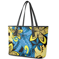 Plumeria Polynesian Pattern Leather Tote Bag Unique Fantasy Blue Yellow LT01 - Polynesian Pride