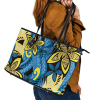 Plumeria Polynesian Pattern Leather Tote Bag Unique Fantasy Blue Yellow LT01 - Polynesian Pride