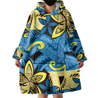 Plumeria Polynesian Pattern Wearable Blanket Hoodie Unique Fantasy Blue Yellow