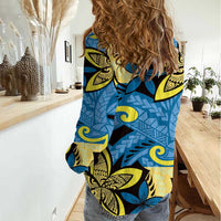 Plumeria Polynesian Pattern Women Casual Shirt Unique Fantasy Blue Yellow