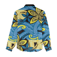 Plumeria Polynesian Pattern Women Casual Shirt Unique Fantasy Blue Yellow