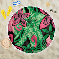 Plumeria Polynesian Pattern Beach Blanket Unique Fantasy Green Pink