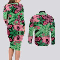 Plumeria Polynesian Pattern Couples Matching Long Sleeve Bodycon Dress and Long Sleeve Button Shirt Unique Fantasy Green Pink LT01 - Polynesian Pride
