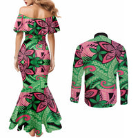 Plumeria Polynesian Pattern Couples Matching Mermaid Dress and Long Sleeve Button Shirt Unique Fantasy Green Pink LT01 - Polynesian Pride