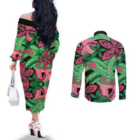 Plumeria Polynesian Pattern Couples Matching Off The Shoulder Long Sleeve Dress and Long Sleeve Button Shirt Unique Fantasy Green Pink LT01 - Polynesian Pride