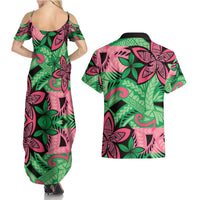 Plumeria Polynesian Pattern Couples Matching Summer Maxi Dress and Hawaiian Shirt Unique Fantasy Green Pink LT01 - Polynesian Pride