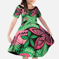 Plumeria Polynesian Pattern Family Matching Long Sleeve Bodycon Dress and Hawaiian Shirt Unique Fantasy Green Pink