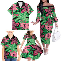 Plumeria Polynesian Pattern Family Matching Off The Shoulder Long Sleeve Dress and Hawaiian Shirt Unique Fantasy Green Pink