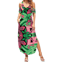 Plumeria Polynesian Pattern Family Matching Summer Maxi Dress and Hawaiian Shirt Unique Fantasy Green Pink LT01 Mom's Dress Green - Polynesian Pride