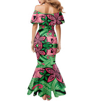 Plumeria Polynesian Pattern Mermaid Dress Unique Fantasy Green Pink