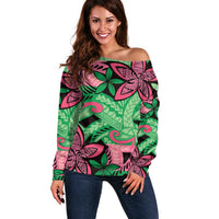 Plumeria Polynesian Pattern Off Shoulder Sweater Unique Fantasy Green Pink