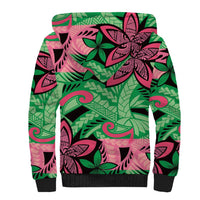 Plumeria Polynesian Pattern Sherpa Hoodie Unique Fantasy Green Pink