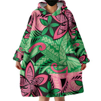 Plumeria Polynesian Pattern Wearable Blanket Hoodie Unique Fantasy Green Pink