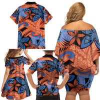 Plumeria Polynesian Pattern Family Matching Off Shoulder Short Dress and Hawaiian Shirt Unique Fantasy Orange Blue