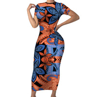 Plumeria Polynesian Pattern Family Matching Short Sleeve Bodycon Dress and Hawaiian Shirt Unique Fantasy Orange Blue