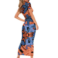 Plumeria Polynesian Pattern Short Sleeve Bodycon Dress Unique Fantasy Orange Blue LT01 - Polynesian Pride