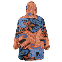 Plumeria Polynesian Pattern Wearable Blanket Hoodie Unique Fantasy Orange Blue