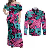 Plumeria Polynesian Pattern Couples Matching Off Shoulder Maxi Dress and Long Sleeve Button Shirt Unique Fantasy Pink Teal
