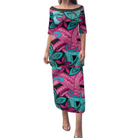 Plumeria Polynesian Pattern Family Matching Puletasi and Hawaiian Shirt Unique Fantasy Pink Teal LT01 Mom's Dress Pink - Polynesian Pride