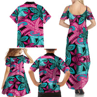 Plumeria Polynesian Pattern Family Matching Summer Maxi Dress and Hawaiian Shirt Unique Fantasy Pink Teal LT01 - Polynesian Pride