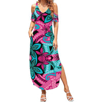 Plumeria Polynesian Pattern Family Matching Summer Maxi Dress and Hawaiian Shirt Unique Fantasy Pink Teal LT01 Mom's Dress Pink - Polynesian Pride
