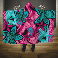 Plumeria Polynesian Pattern Hooded Blanket Unique Fantasy Pink Teal