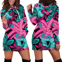 Plumeria Polynesian Pattern Hoodie Dress Unique Fantasy Pink Teal
