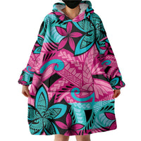 Plumeria Polynesian Pattern Wearable Blanket Hoodie Unique Fantasy Pink Teal