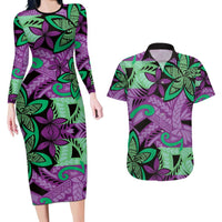 Plumeria Polynesian Pattern Couples Matching Long Sleeve Bodycon Dress and Hawaiian Shirt Unique Fantasy Purple Green LT01 Purple - Polynesian Pride