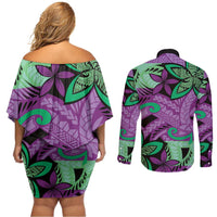 Plumeria Polynesian Pattern Couples Matching Off Shoulder Short Dress and Long Sleeve Button Shirt Unique Fantasy Purple Green LT01 - Polynesian Pride