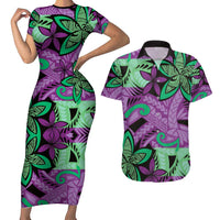Plumeria Polynesian Pattern Couples Matching Short Sleeve Bodycon Dress and Hawaiian Shirt Unique Fantasy Purple Green LT01 Purple - Polynesian Pride