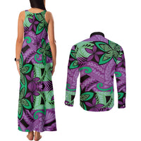 Plumeria Polynesian Pattern Couples Matching Tank Maxi Dress and Long Sleeve Button Shirt Unique Fantasy Purple Green LT01 - Polynesian Pride