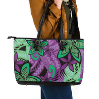 Plumeria Polynesian Pattern Leather Tote Bag Unique Fantasy Purple Green LT01 - Polynesian Pride