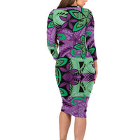 Plumeria Polynesian Pattern Long Sleeve Bodycon Dress Unique Fantasy Purple Green