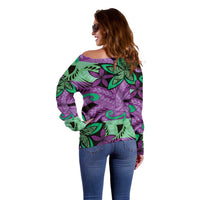 Plumeria Polynesian Pattern Off Shoulder Sweater Unique Fantasy Purple Green
