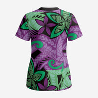 Plumeria Polynesian Pattern Scrub Top Unique Fantasy Purple Green - Polynesian Pride