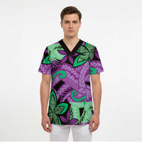 Plumeria Polynesian Pattern Scrub Top Unique Fantasy Purple Green - Polynesian Pride