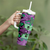 Plumeria Polynesian Pattern Tumbler With Handle Unique Fantasy Purple Green LT01 - Polynesian Pride