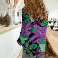 Plumeria Polynesian Pattern Women Casual Shirt Unique Fantasy Purple Green
