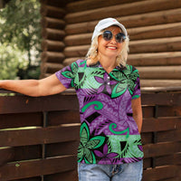 Plumeria Polynesian Pattern Women Polo Shirt Unique Fantasy Purple Green