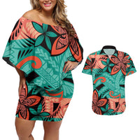 Plumeria Polynesian Pattern Couples Matching Off Shoulder Short Dress and Hawaiian Shirt Unique Fantasy Teal Orange LT01 Teal - Polynesian Pride