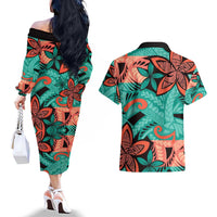 Plumeria Polynesian Pattern Couples Matching Off The Shoulder Long Sleeve Dress and Hawaiian Shirt Unique Fantasy Teal Orange