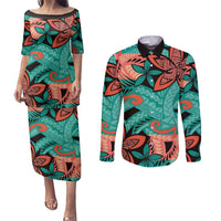 Plumeria Polynesian Pattern Couples Matching Puletasi and Long Sleeve Button Shirt Unique Fantasy Teal Orange