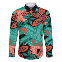 Plumeria Polynesian Pattern Family Matching Long Sleeve Bodycon Dress and Hawaiian Shirt Unique Fantasy Teal Orange