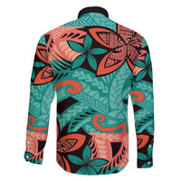 Plumeria Polynesian Pattern Family Matching Long Sleeve Bodycon Dress and Hawaiian Shirt Unique Fantasy Teal Orange