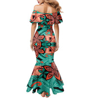 Plumeria Polynesian Pattern Family Matching Mermaid Dress and Hawaiian Shirt Unique Fantasy Teal Orange