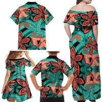Plumeria Polynesian Pattern Family Matching Off Shoulder Maxi Dress and Hawaiian Shirt Unique Fantasy Teal Orange
